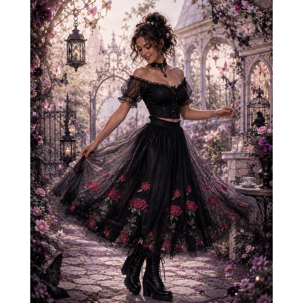 Black Tulle Midi Skirt Red Rose Embroidered Mesh Fairy Grunge Goth Chic